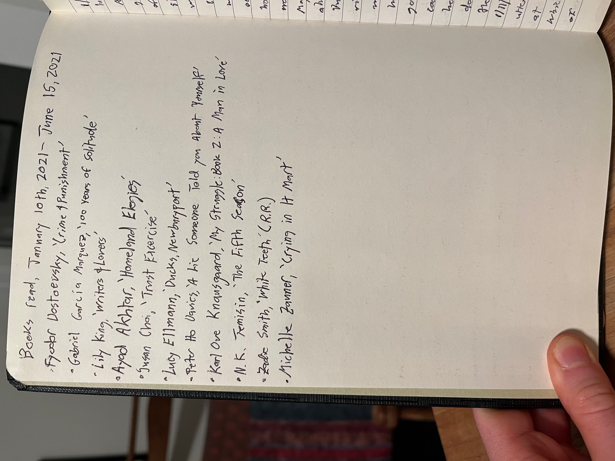 handwritten journal with list of books read